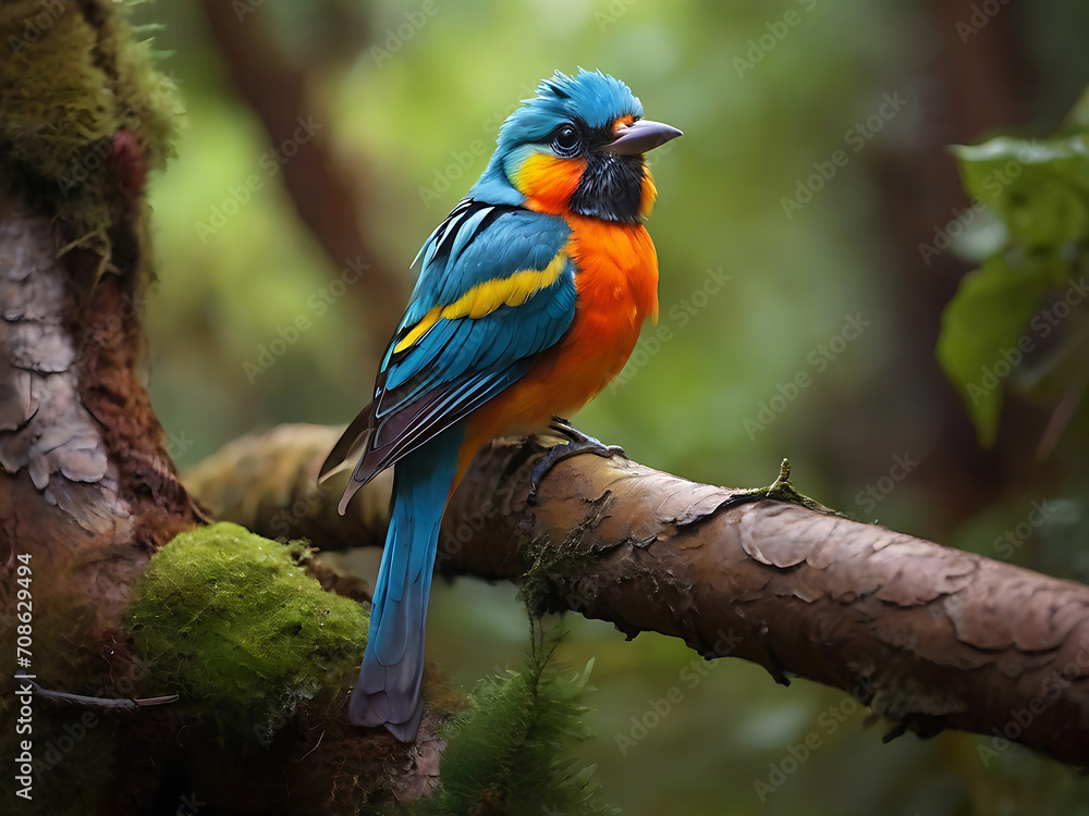 photo a colorful bird sits on a branch in the forest photo a colorful bird sits on a branch in the forest