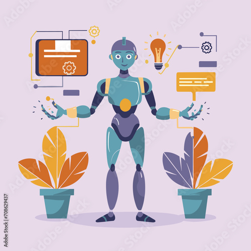 2d vector illustration colorful technology , ai robot making jobs helping people colorful design