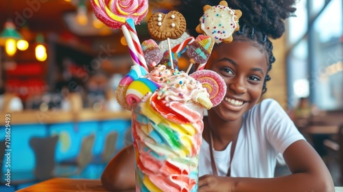 A smiling african girl posing with a whimsical, candy-decorated milkshake in a cafe.
