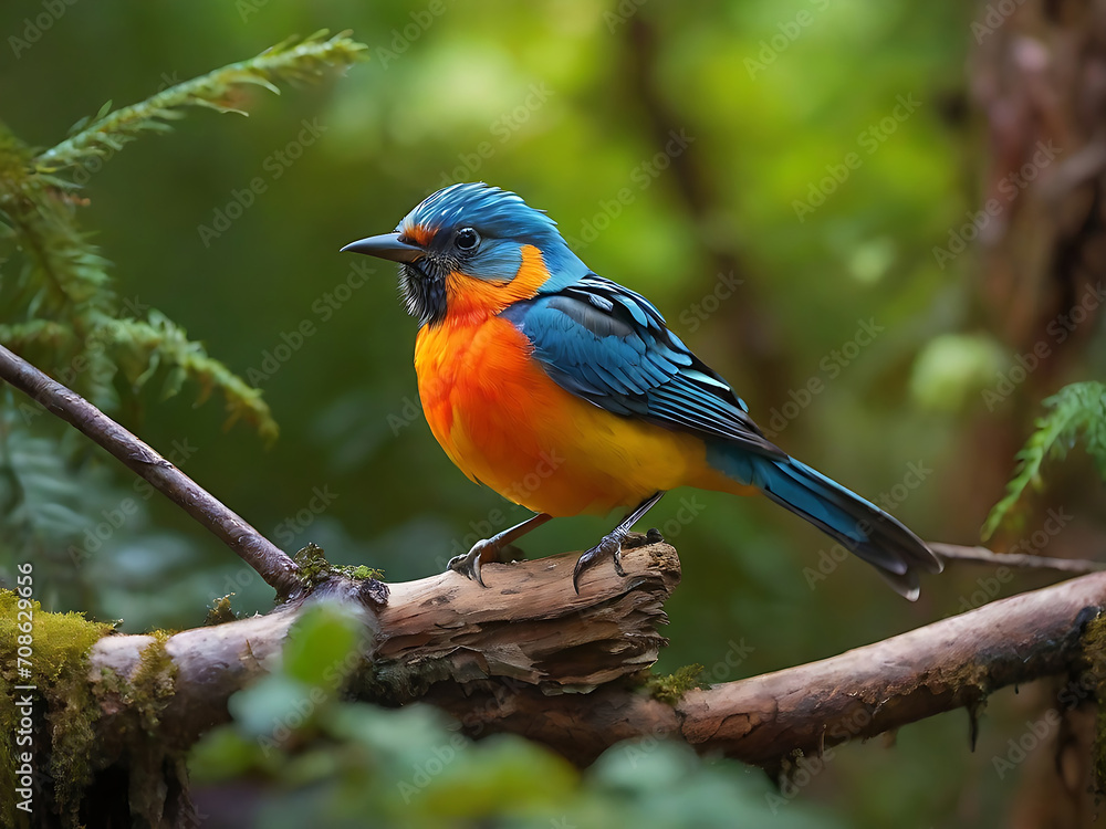 photo a colorful bird sits on a branch in the forest. photo a colorful bird sits on a branch in the forest.