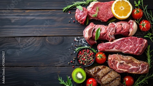 Variety of raw meats adorned with fresh herbs, vegetables, and spices on a dark wooden surface.