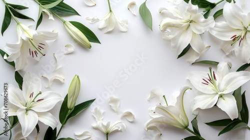 Exquisite white lilies with vibrant green leaves arranged on a clean white background, showcasing their delicate petals and prominent anthers, exuding elegance and purity © mashimara