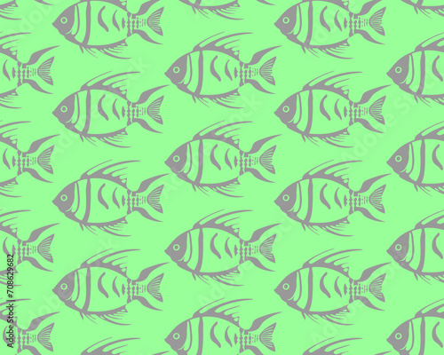 simple seamless pattern of gray graphic fish on a green background, texture, design