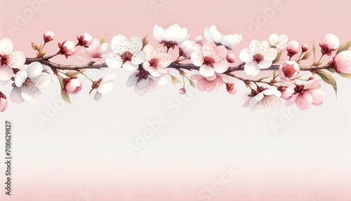 The image displays a serene cherry blossom branch with delicate pink flowers against a soft gradient background.