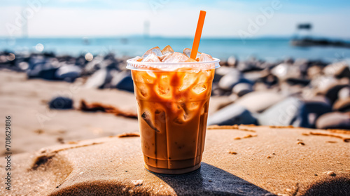 Cool vibes by the shore, Iced coffee sits enticingly on a cafe table with a beach backdrop, capturing the essence of a hot summer day.