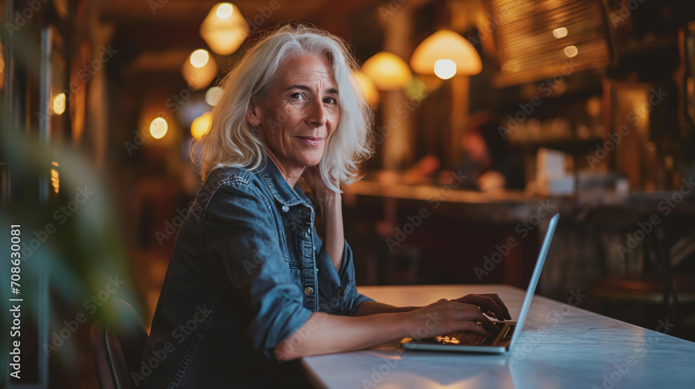 Fototapeta premium portrait of mature woman with long blonde hair in denim shirt typing on her laptop, sitting at table in a coffee shop