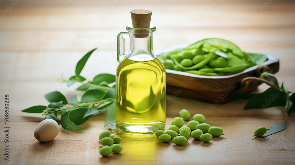 pea essential oil close-up on a wooden table pea essential oil close-up on a wooden table