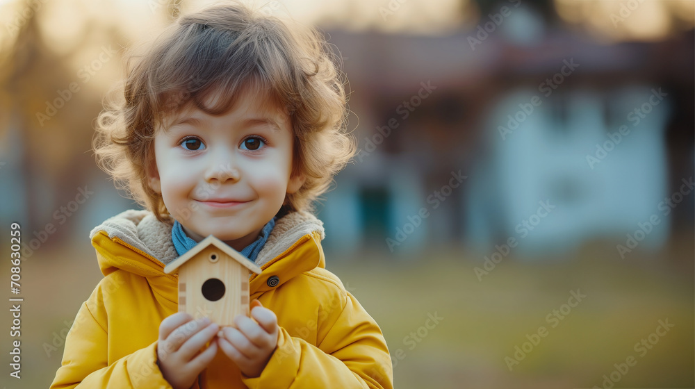 A little boy holds a birdhouse in his hands. Copy space. A little boy holds a birdhouse in his hands. Copy space.