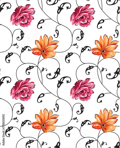 Fototapeta Naklejka Na Ścianę i Meble -  Pink orange vector flowers pattern on white background