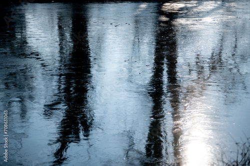 Bäume spiegeln sich im zugefrorenen See