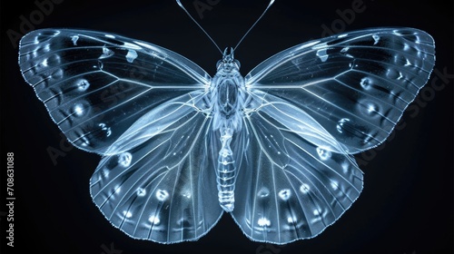 A close up of a butterfly on a black background. Monochromatic x-ray image on dark background