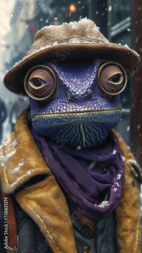 A purple frog wearing a hat and scarf.