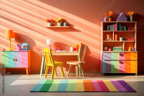 Brightly Decorated Room for 12-Year-Old Teenager with Colorful Modern Furniture and Laptop on Desk