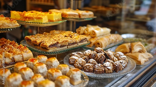 A display of various traditional sweets like Baklava and Basbousa.
