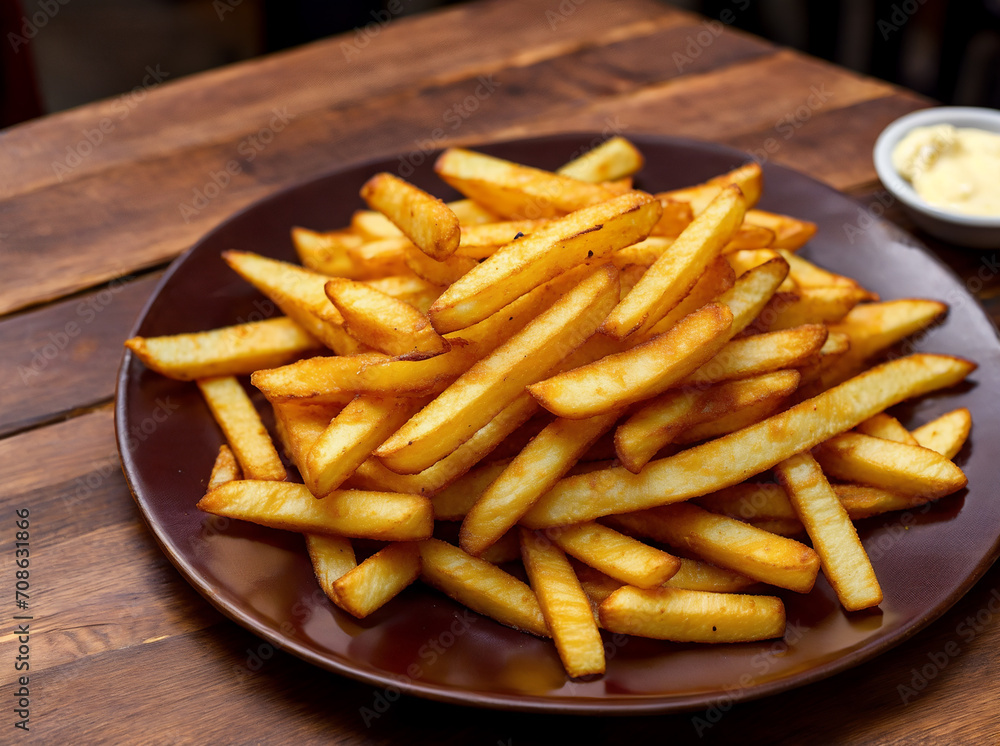A delicious French fries on plate on wooden table A delicious French fries on plate on wooden table