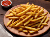 A delicious French fries on plate on wooden table