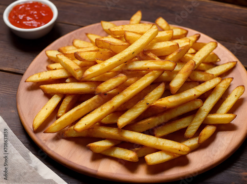 A delicious French fries on plate on wooden table
