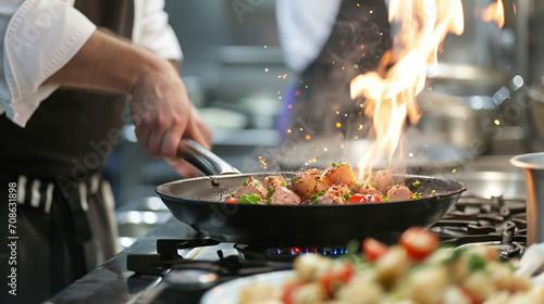 Master Chef in Hotel Kitchen - Sizzling Pans, Exquisite Presentation, and Gastronomic Delight - Perfect Image for Culinary Enthusiasts and Fine Dining Admirers