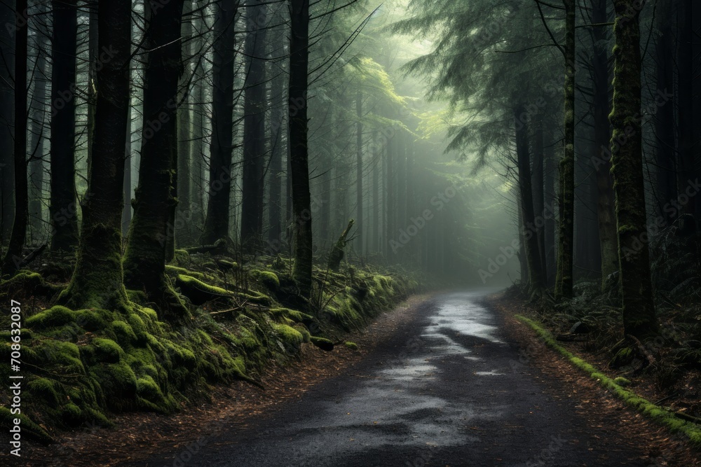 Fototapeta premium A road through a mysterious foggy forest, sparking curiosity
