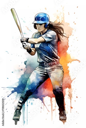 female baseball athlete, in watercolor style. generative ai