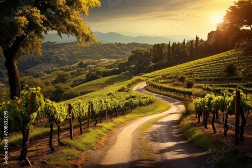 A road through a picturesque vineyard, perfect for wine-related concepts