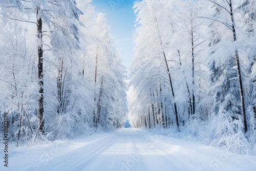 A road through a snow-covered forest, showcasing winter's magic