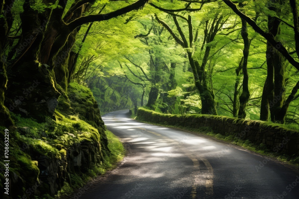 Fototapeta premium A winding road through a lush, green forest