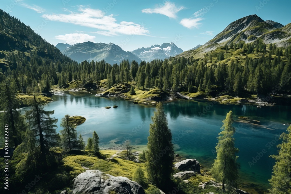 Aerial perspective of a pristine alpine lake surrounded by pine trees