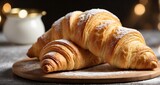 Showcase the simplicity and elegance of a classic plain croissant, emphasizing the delicate spiral layers and golden exterior, with a light dusting of powdered sugar.-AI Generative