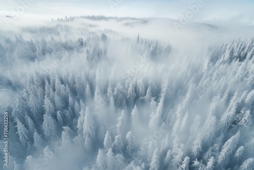 Aerial background of a snowy winter wonderland with evergreen forests
