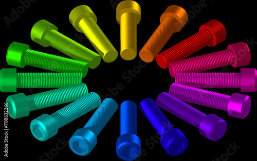 Colored Socket Head Cap Screws in Radial Rainbow Arrangement on a Black Background