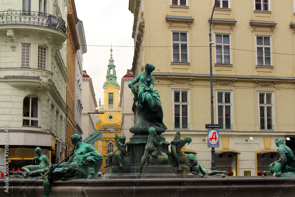 Vienna. Austria. November 16, 2019. View of the central streets of the Austrian capital with historical bouilding. Ancient fountain.
