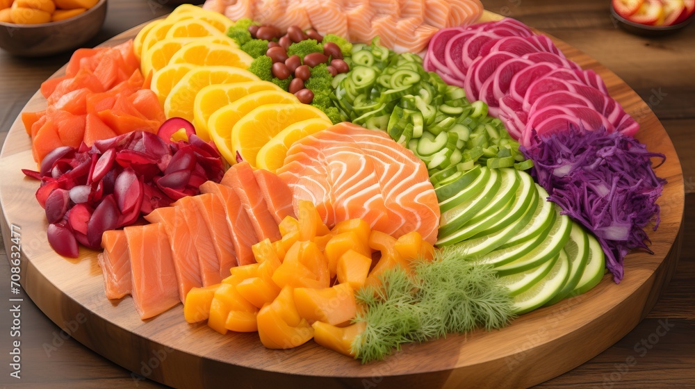 Vibrant Sushi Rolls and Sashimi Platter. Exquisite Details on a Wooden Platter Vibrant Sushi Rolls and Sashimi Platter. Exquisite Details on a Wooden Platter