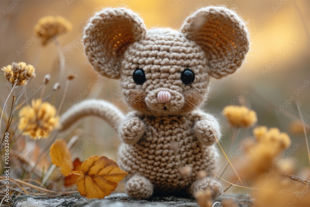 A crocheted mouse sits in a field of flowers. Handcrafted knitted miniature toy.