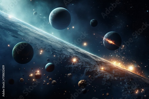 Celestial 3D backdrop with planets, asteroids, and cosmic dust