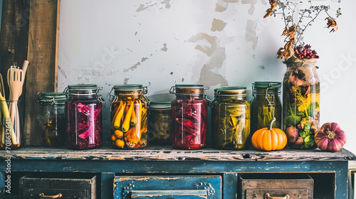 Fall seasonal pickled or fermented vegetables in cans lined up above vintage kitchen. photo