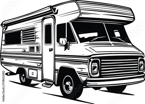 Camping car - retro van on mountains background. Camping adventure concept. RV Camper Home. Simple black silhouette graphic. Cartoon style.