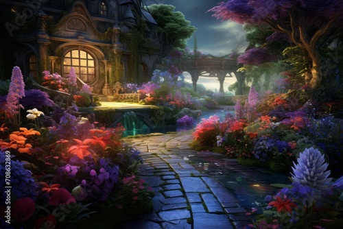 Enchanted 3D garden with vibrant flowers and magical lighting