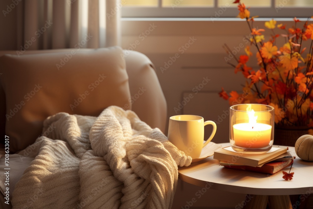 Inviting living room mockup with autumn decor, a cup of tea, and a cozy blanket