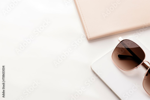 Minimalist fashion accessories layout with sunglasses and tablet.