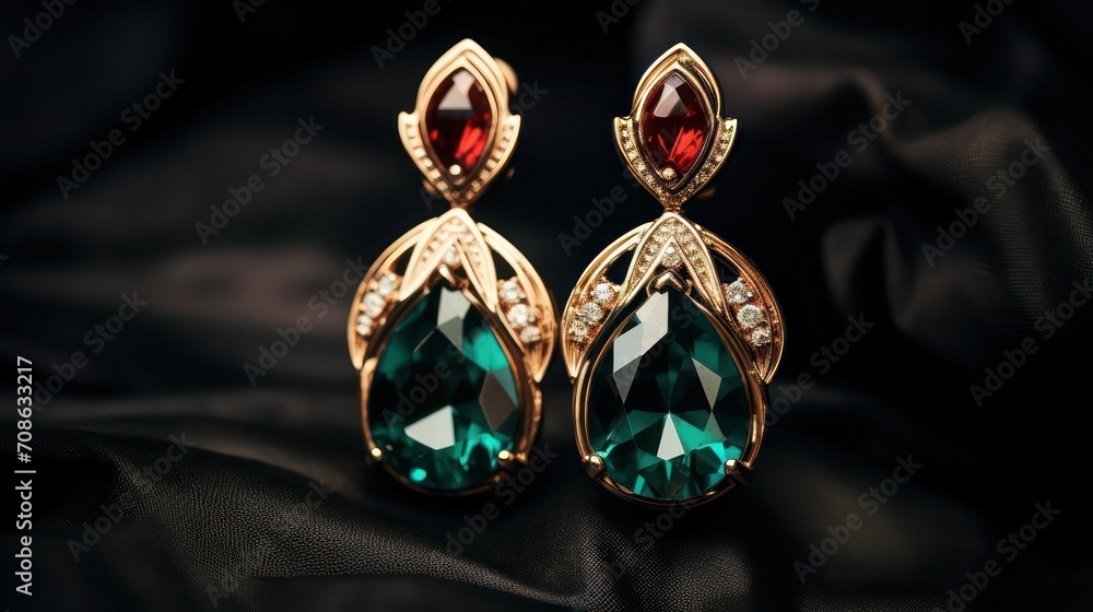 Jewelry. Beautiful earrings with emeralds on black background
