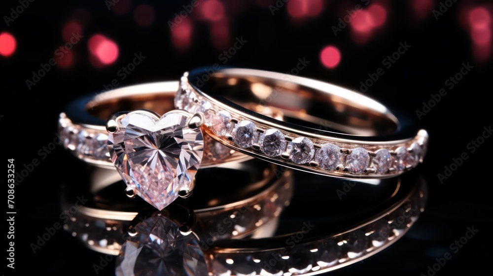 Wedding rings with diamonds on a black background with bokeh Wedding rings with diamonds on a black background with bokeh