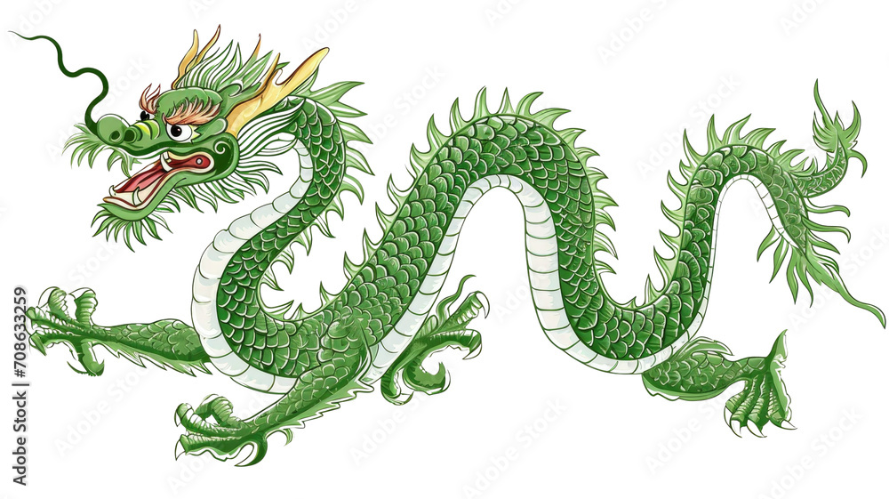 Fototapeta premium Illustration of a green dragon with a detailed scale pattern