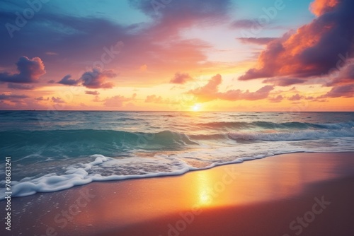 Peaceful beach sunset sky background with the sun setting over the horizon © KerXing