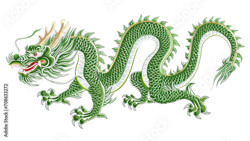Illustration of a green dragon with a detailed scale pattern © mashimara