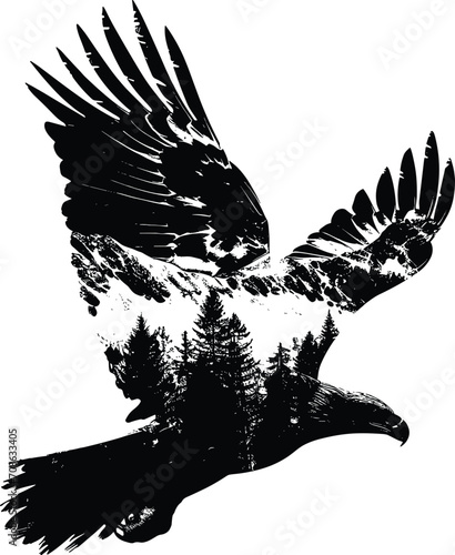 Silhouette of a flying eagle with double exposure of mountain, isolated on a white background
