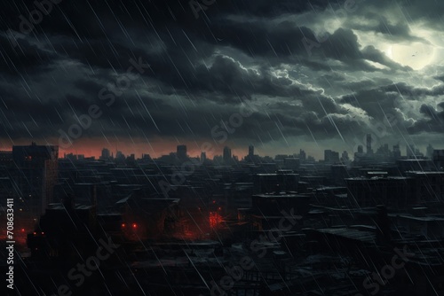 Stormy sky background over a cityscape with rain-soaked streets