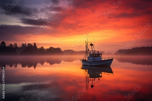 Sunrise sky background over a misty lake with a fishing boat