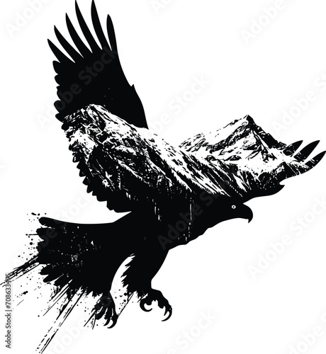 Silhouette of a flying eagle with double exposure of mountain, isolated on a white background