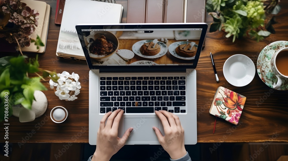 A top-down view of a cozy workspace with a laptop, coffee, a tablet, and various desk items, creating a warm and creative atmosphere. A top-down view of a cozy workspace with a laptop, coffee, a tablet, and various desk items, creating a warm and creative atmosphere.